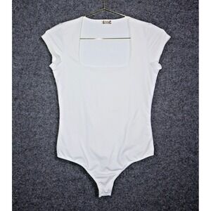 Free People Bodysuit Women Medium White Slim Thong Cap Sleeve Square Neck EUC